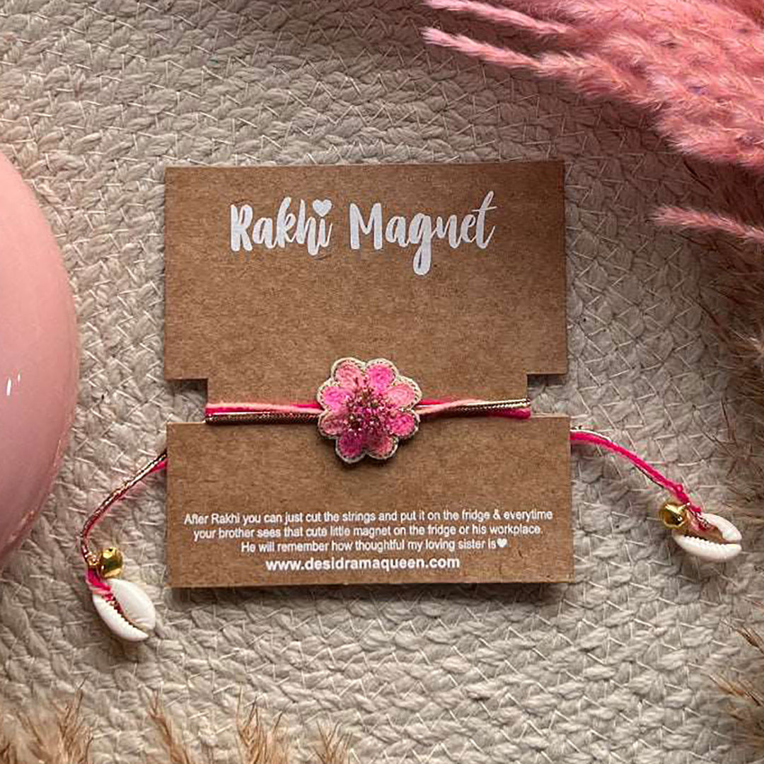 Handmade Pink Flower Ghungroo & Shell Felt Rakhi For Brother