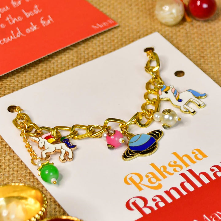 Beaded Fantasy And Space Adventure Metal Bracelet Rakhi Hamper With Chocolates And Roli Chawal For Brother Customizable Options Includes Up To 7 Goodies - Charm Bracelet Close-up