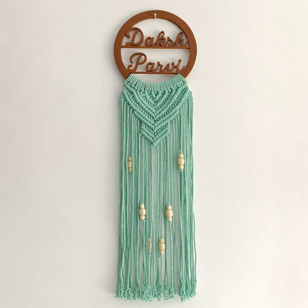 Personalized Multicolour Macrame Name Plate - Hanging on White Wall