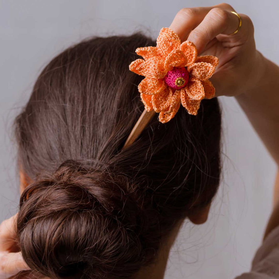 Handmade Crochet Orange Camelia Design Hairstick