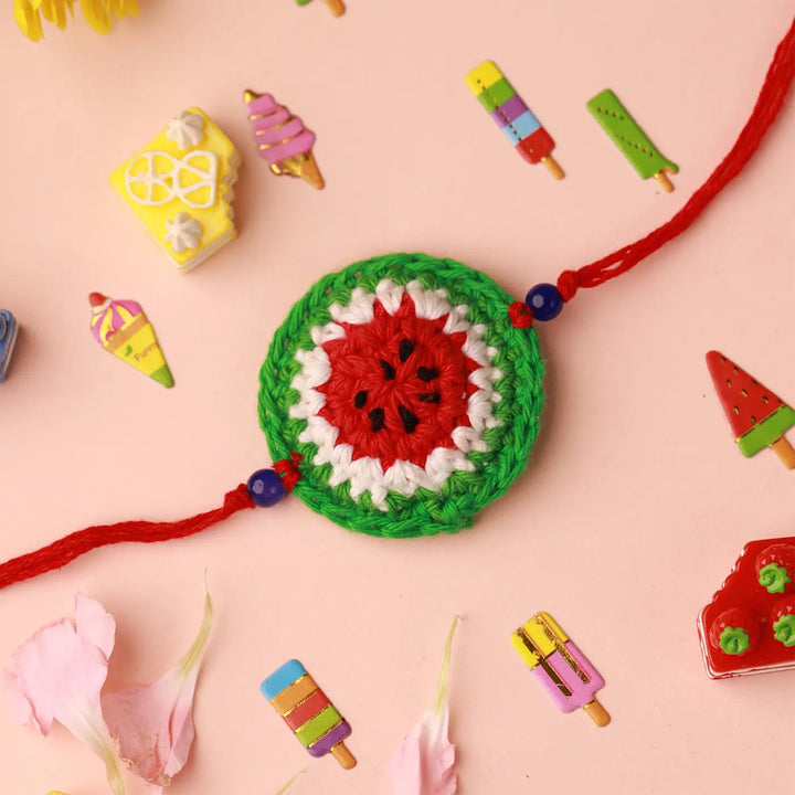 Handmade Crochet Watermelon Rakhi With Roli Chawal
