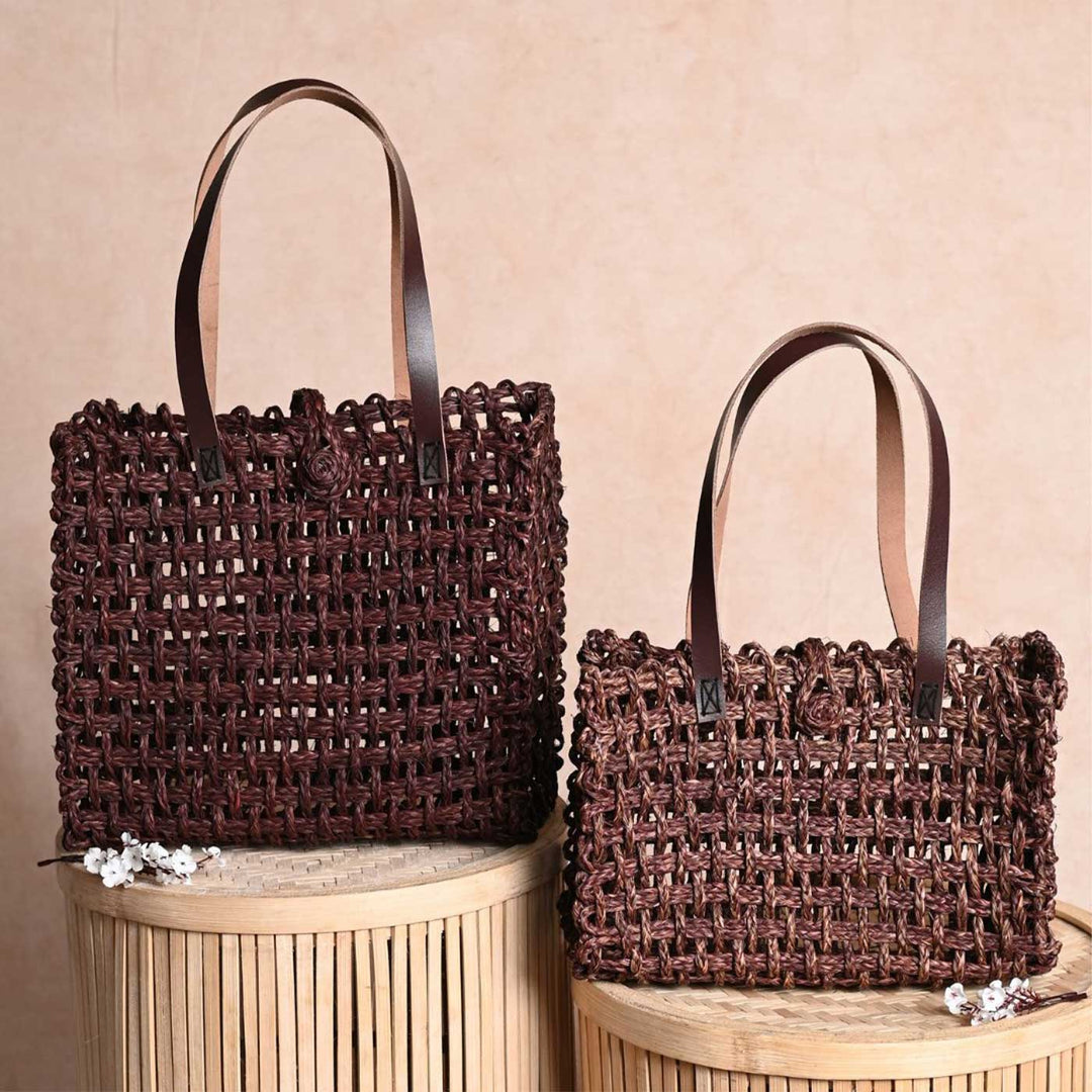 Handmade Grass Woven Leather Strap Box Shaped Brown Sabai Mesh Tote Bag