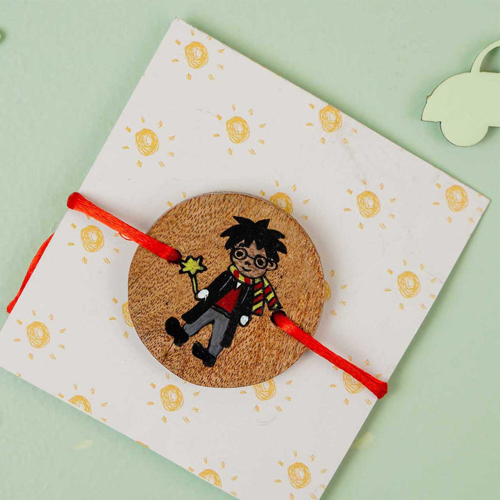 Personalized Hand Painted Harry Potter Wooden Rakhi With Roli Chawal - Bracelet on Card Display