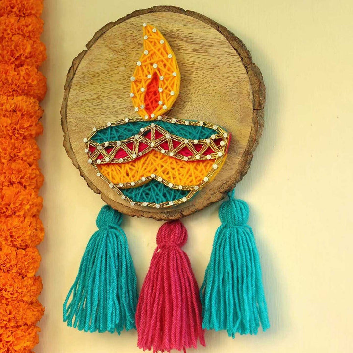 Handmade String Art Diwali Diya Design MDF Wood Decorative Plaque