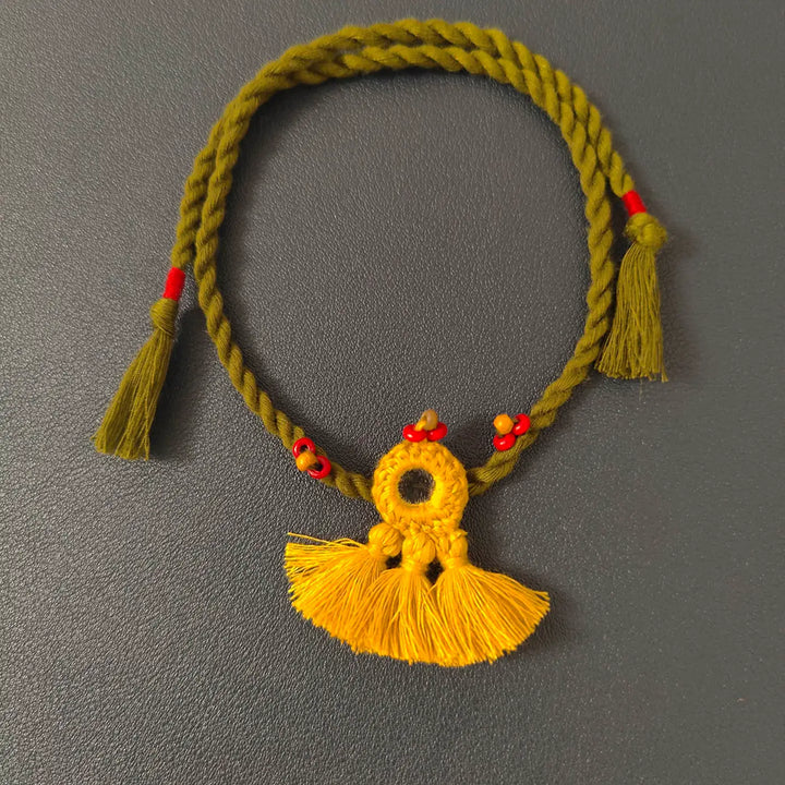 Handmade Mirror Work & Tassels Rakhi With Roli Chawal