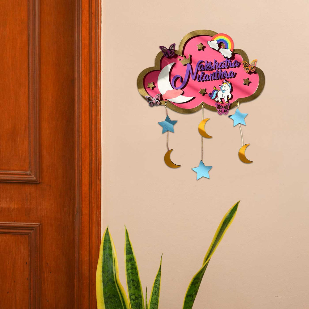 Personalized Pink Cloud Shaped Wooden Name Plate For Kids - Mounted on Wall Display
