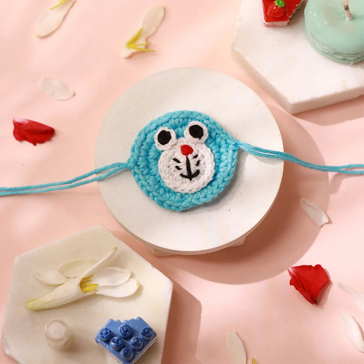 Handmade Crochet Doraemon Kids Rakhi With Roli Chawal