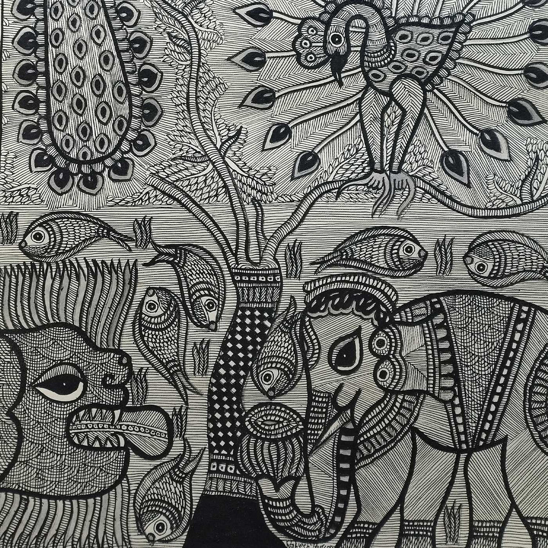 22 x 30 Inch | Harmony of the Forest and Water | Original Hand Painted Madhubani Painting | Natural Pigments On Paper