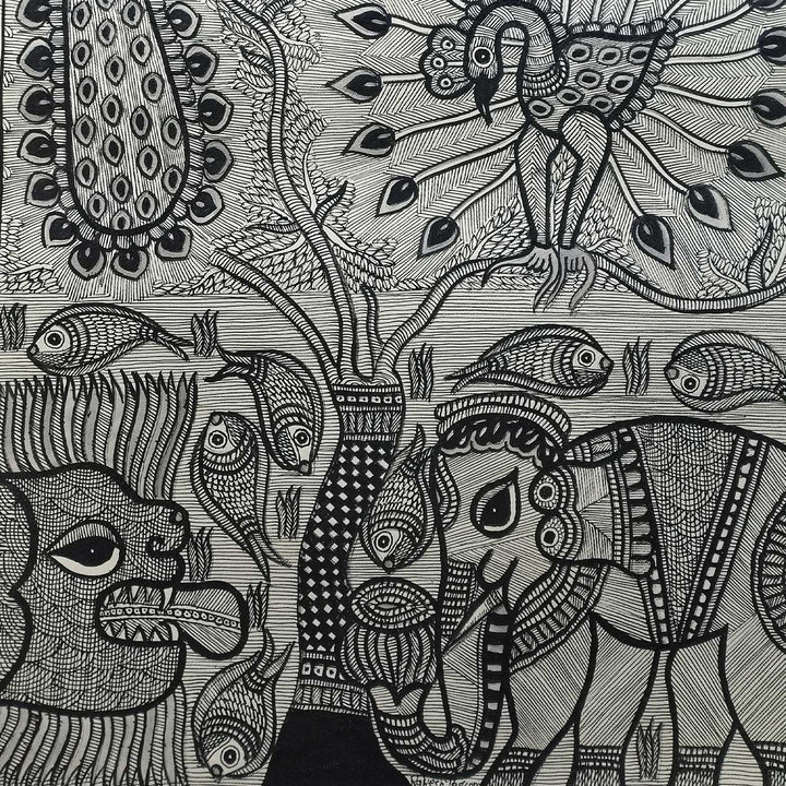 22 x 30 Inch | Harmony of the Forest and Water | Original Hand Painted Madhubani Painting | Natural Pigments On Paper