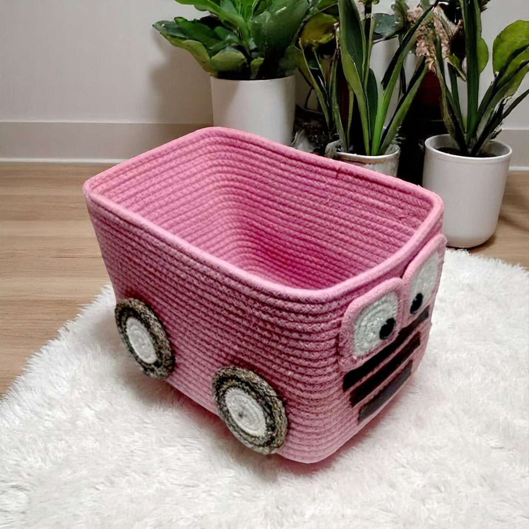 Handmade Coil Basketry Pink Bus Cotton Rope Basket for Kids