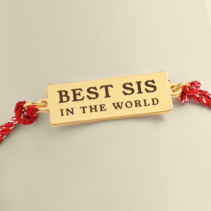 Handmade Best Sis In The World Design Metal Rakhi For Sisters - Engraving Close-up