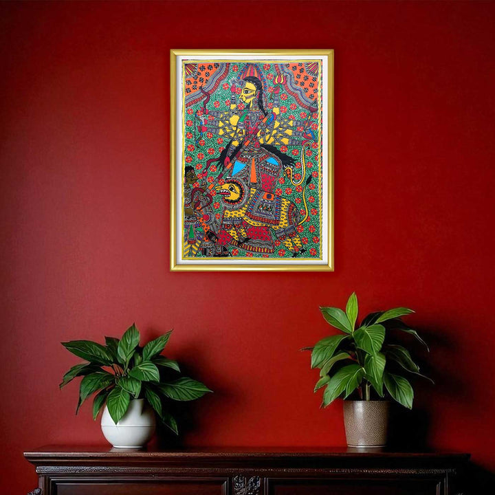 22 x 30 Inch | Durga Mahishasura Mardini | Original Hand Painted Madhubani Painting | Natural Pigments On Paper