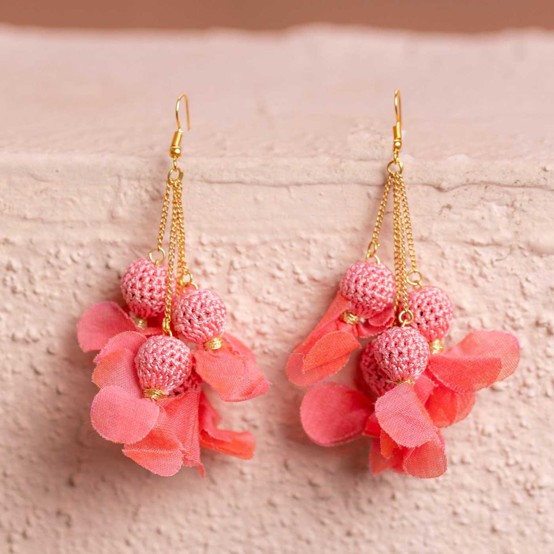 Handmade Crochet Pink Floral Viscose Thread Swing Earrings