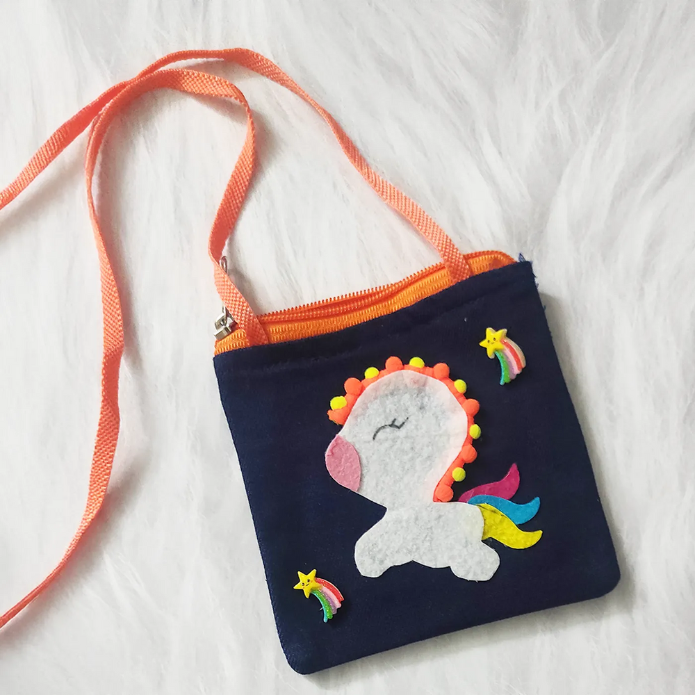 Handmade Unicorn Theme Felt Rakhi Hamper With Roli Chawal Includes 1 Sling Bag 1 Rakhi - Close-up Front View