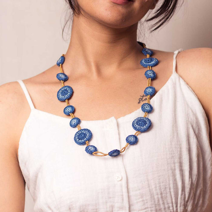 Handmade Crochet Gulnaar Blue Tikkis Bead Necklace