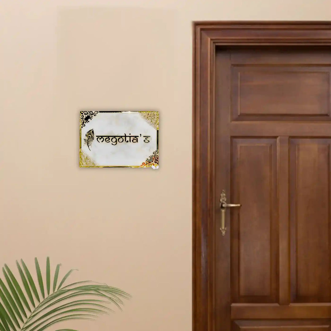 Personalized White & Gold Feather Theme Resin Name Plate