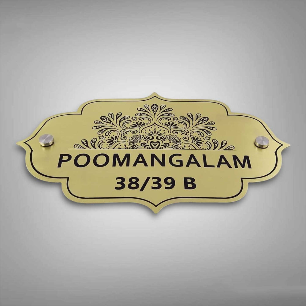 Personalized Floral Theme Engraved Gold Stainless Steel Name Plate - Front View Mounted with Standoffs