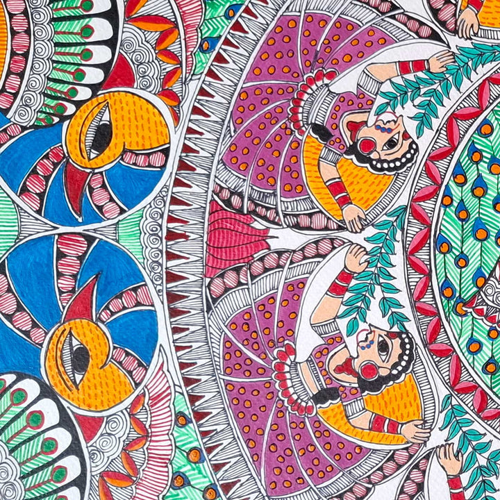 24 x 16 Inch | Radha Krishna Raas | Original Hand Painted Madhubani Painting | Acrylic Paints On Paper