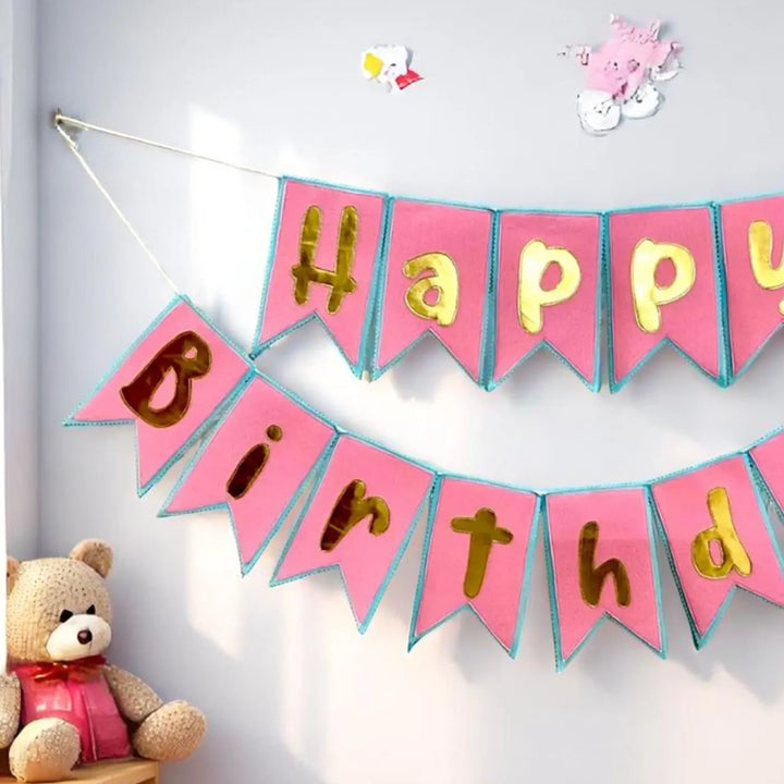 Handmade Pink & Blue Theme Felt Happy Birthday Bunting