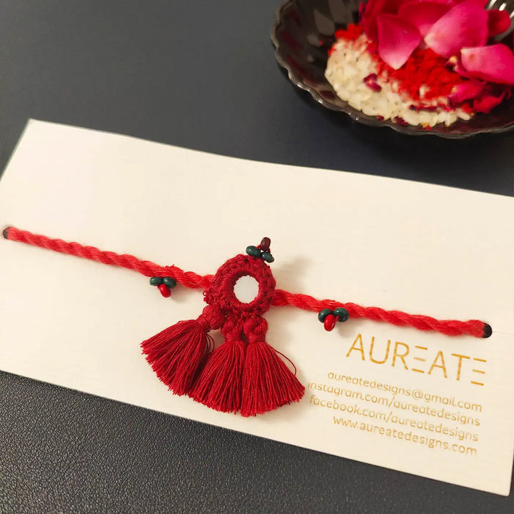 Handmade Mirror Work & Tassels Rakhi With Roli Chawal
