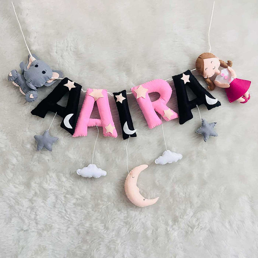 Handcrafted Personalized Black Pink Themed Bunting For Kids - Hanging Name and Toy Characters Display