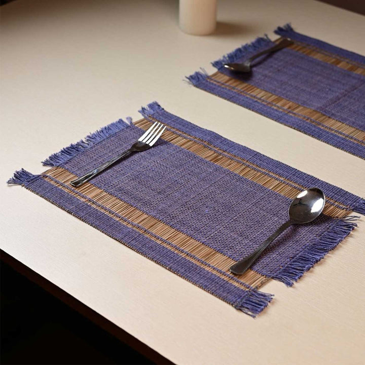 Hand Woven Double Striped Madhurkati Blue Table Mat | 15 x 11 inch