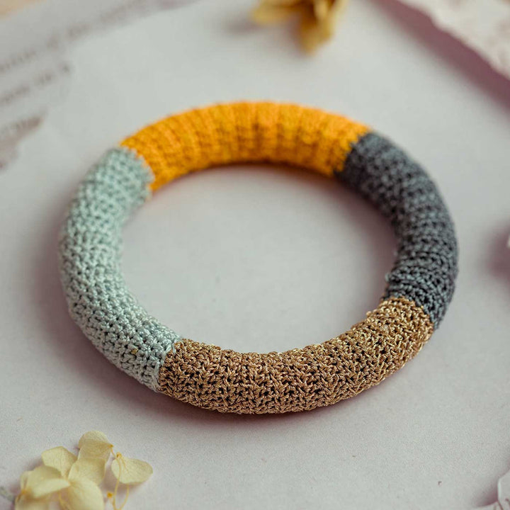 Handmade Crochet Rangat Orange And Grey Colour Block Bangle
