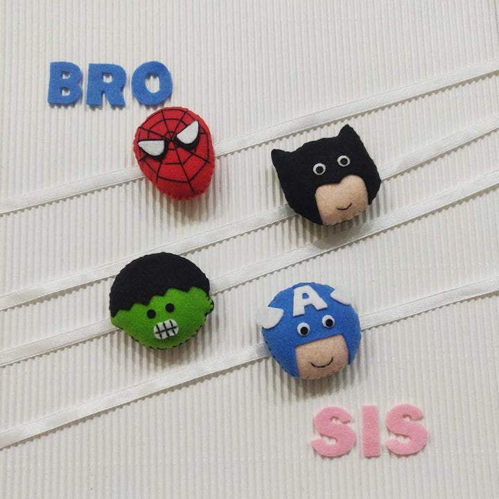 Handmade Captain America Theme Felt Kids Rakhi With Roli Chawal 10 - Grouped Display with Multiple Characters