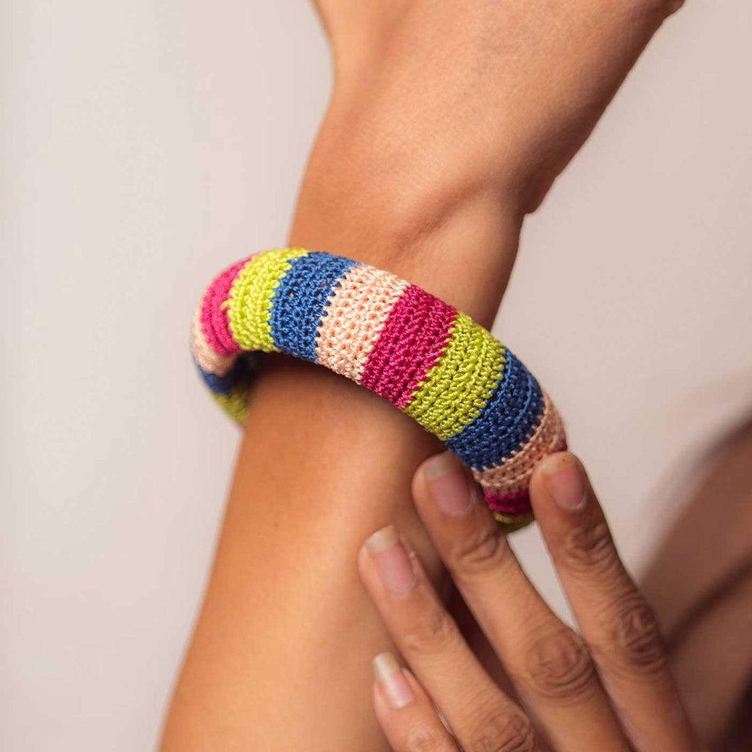 Handmade Crochet Rangat Multicolor Striped Chunky Bangle