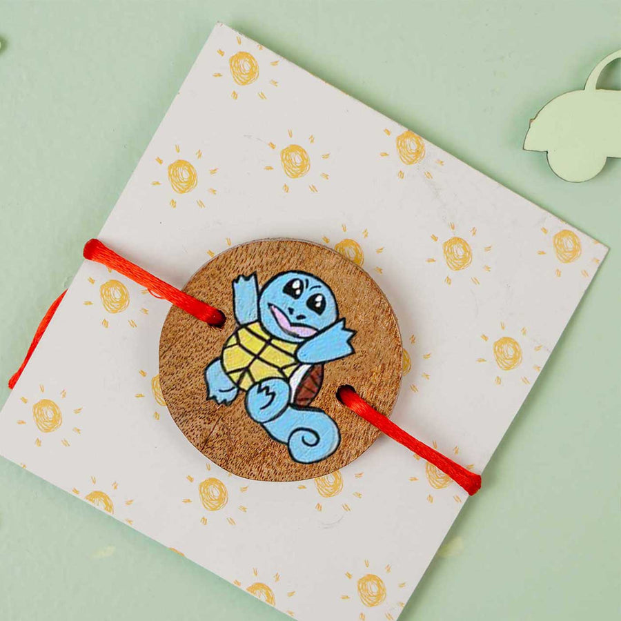 Personalized Hand Painted Squirtle Wooden Rakhi With Roli Chawal - Mounted on Decorative Card