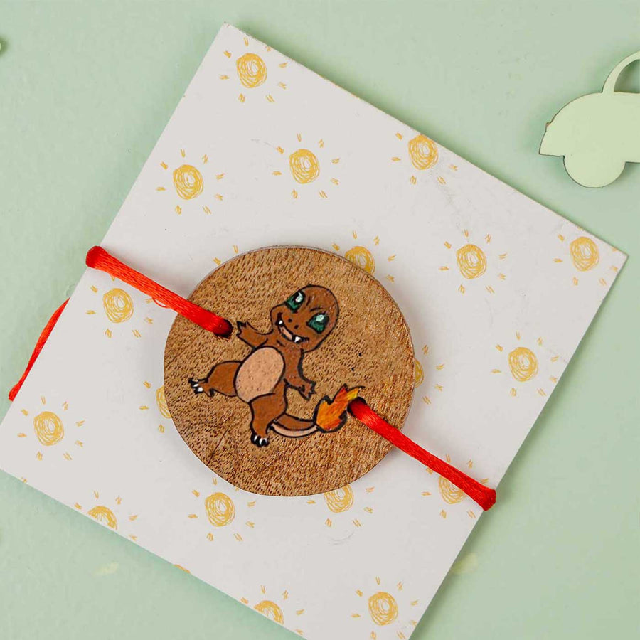 Personalized Hand Painted Charmeleon Theme Wooden Rakhi With Roli Chawal - Product on Gift Card