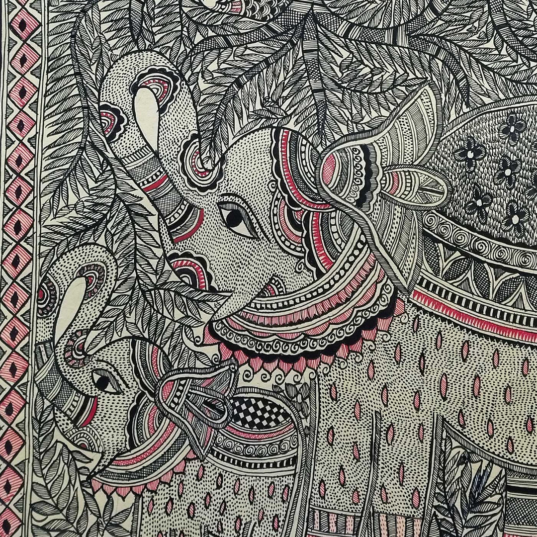22 x 30 Inch | Elephant Grace in Black & Red | Original Hand Painted Madhubani Painting | Natural Pigments On Paper