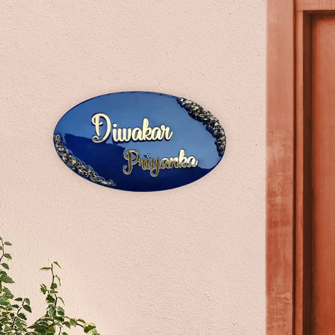 Personalized Oval Blue & Gold Resin Name Plate