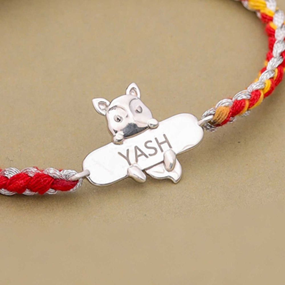 Personalized Handmade Fox Design Silver Kids Rakhi - Engraving Close-up