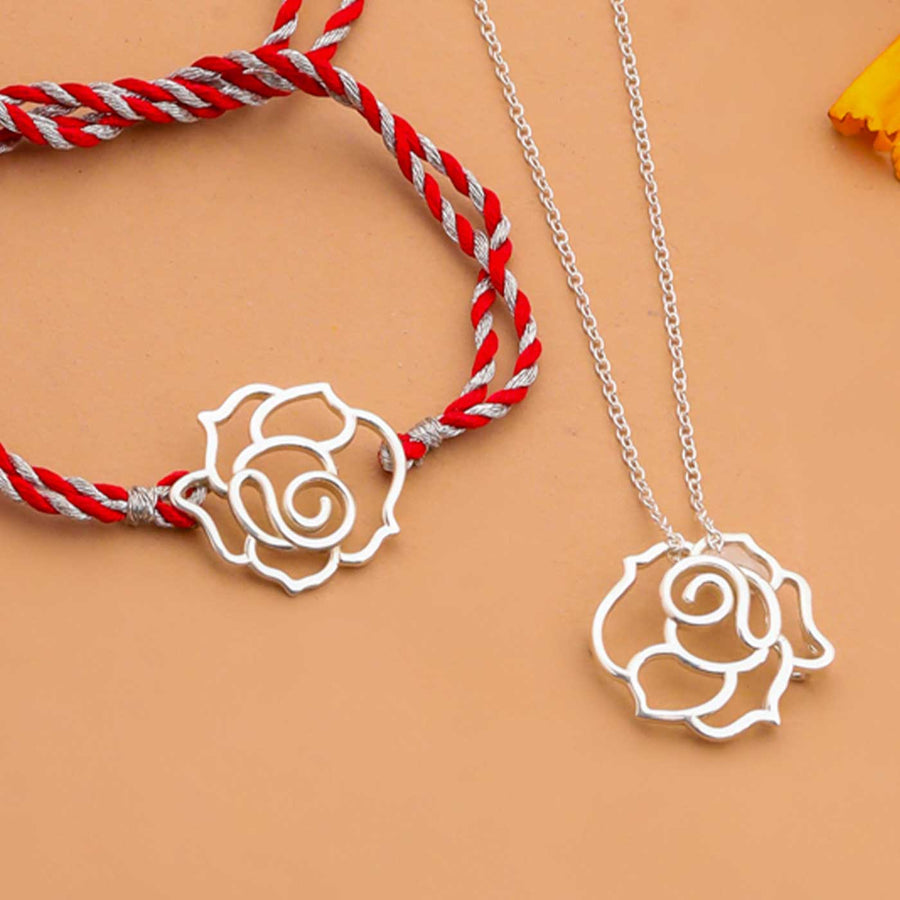 Handmade Rose Design Silver Rakhi For Brother - Close-up of Rakhi and Pendant
