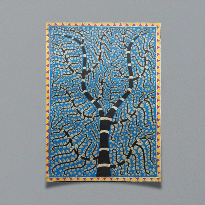22 x 30 Inch | Blue Dense Leaf Tree | Original Hand Painted Madhubani Painting | Natural Pigments On Paper