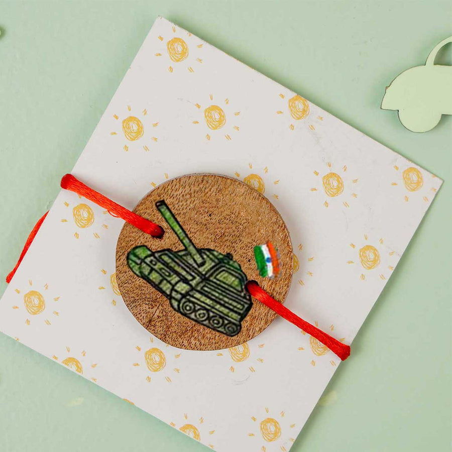 Personalized Hand Painted Army Tank Wooden Rakhi With Roli Chawal - Bracelet on Decorative Card