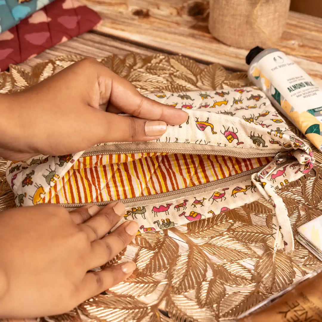 Zoo Print Cotton Fabric Coated MDF Travel Pouch | 9 x 7 inch