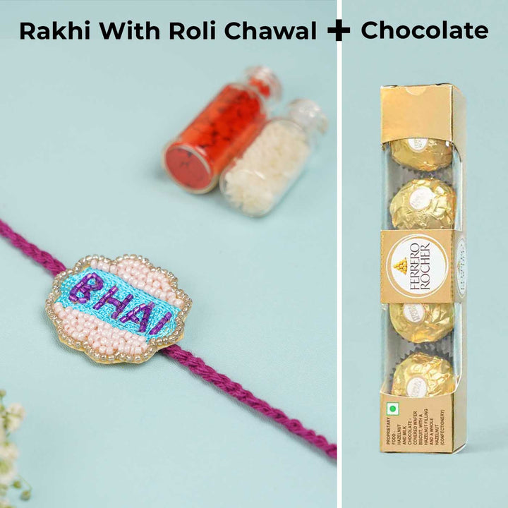 Customized Handmade Beaded Bhai Rakhi With Roli Chawal For Brother - Rakhi with Roli Chawal and Chocolate