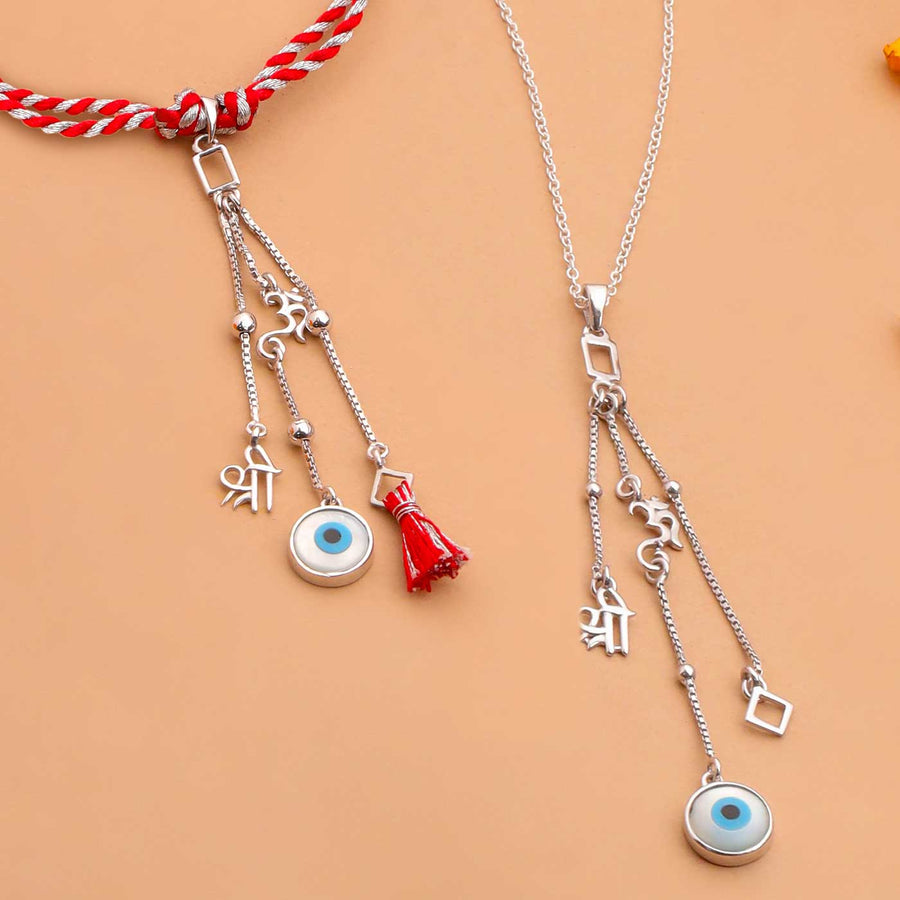 Handmade Evil Eye Design Silver Lumba Rakhi For Bhabhi - Front View
