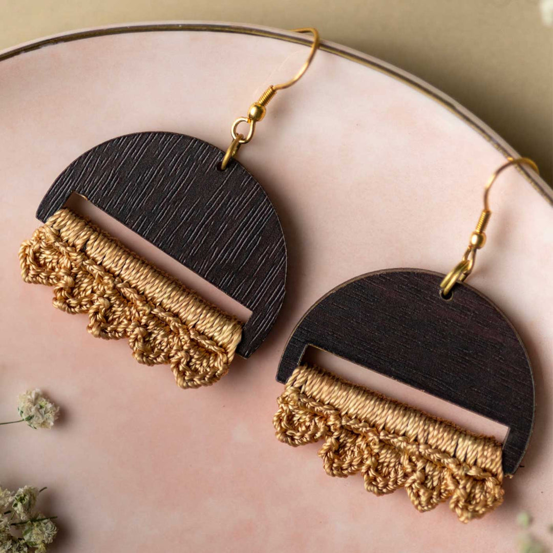 Handmade Crochet Beige Moon Drop Earrings