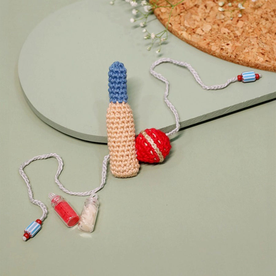 Handmade Crochet Crazy For Cricket Kids Rakhi With Roli Chawal - Front View with Accessories