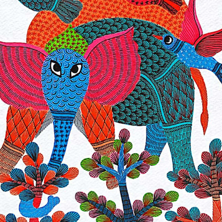 11 x 15 Inch | Colorful Elephant & Birds in Harmony | Original Hand painted Tribal Gond Art Painting | Acrylic Paints On Paper