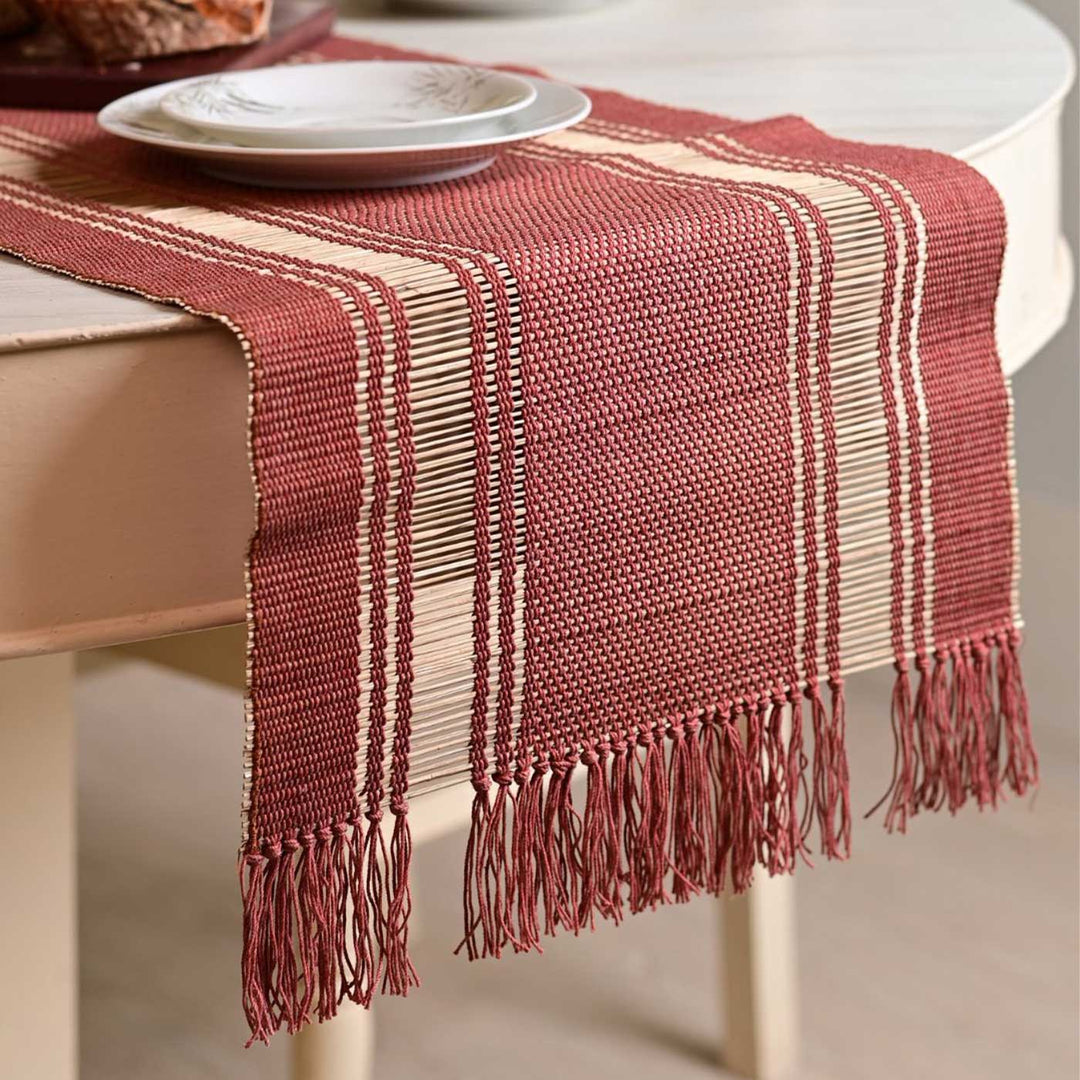 Hand Woven Double Striped Madhurkati Red Table Runner