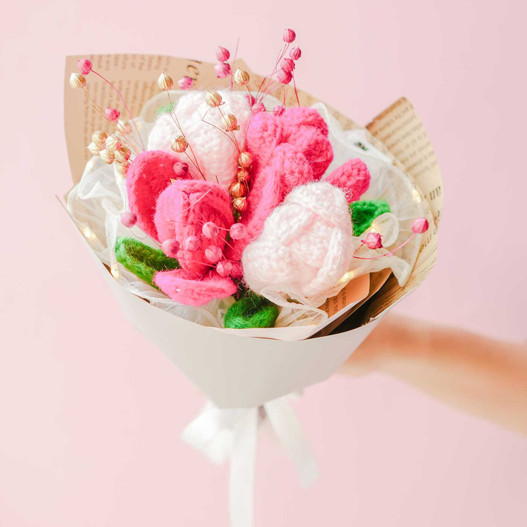 Handmade Crochet Pink And White Petals Flower Bouquet