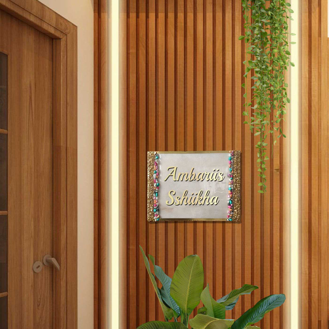 Personalized Rectangle White & Gold Resin Name Plate