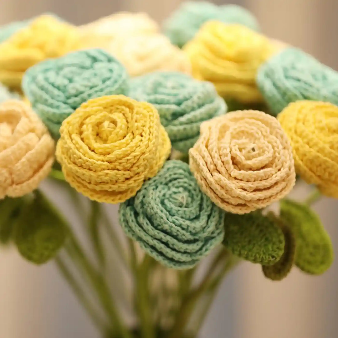 Handmade Crochet Button Roses Cotton Flower Stick | Pack Of 1