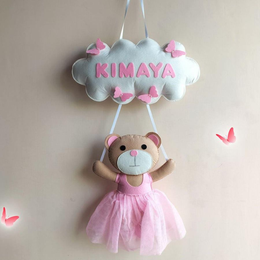 Personalized Teddy Theme Doll Name Plate For Kids - Front View Hanging on Wall