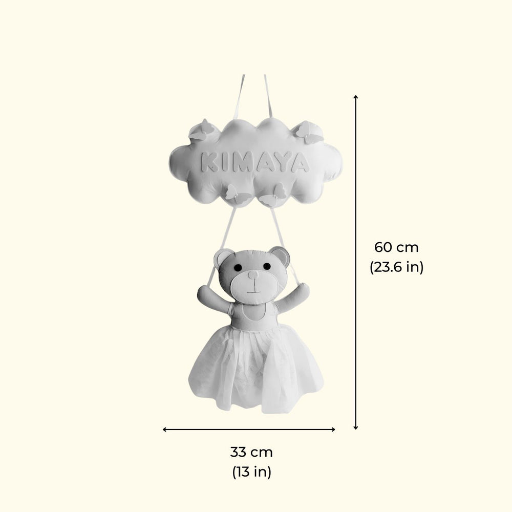 Personalized Teddy Theme Doll Name Plate For Kids - Front View with Dimensions