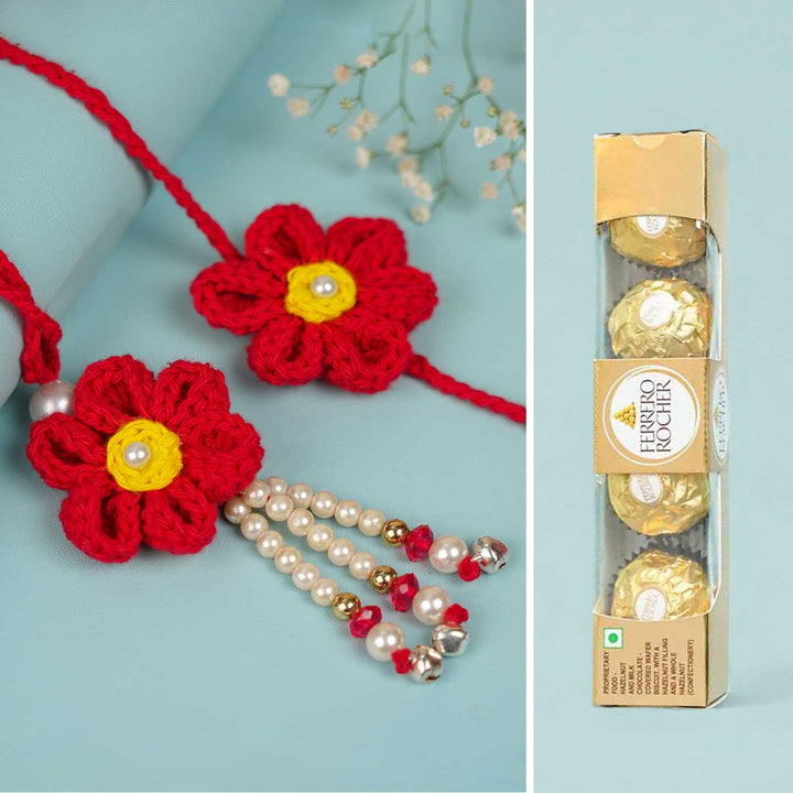 Customized Handmade Crochet Rubi Petal Floral Bhaiya Bhabhi Rakhi With Roli Chawal - Crochet flowers with chocolate packaging